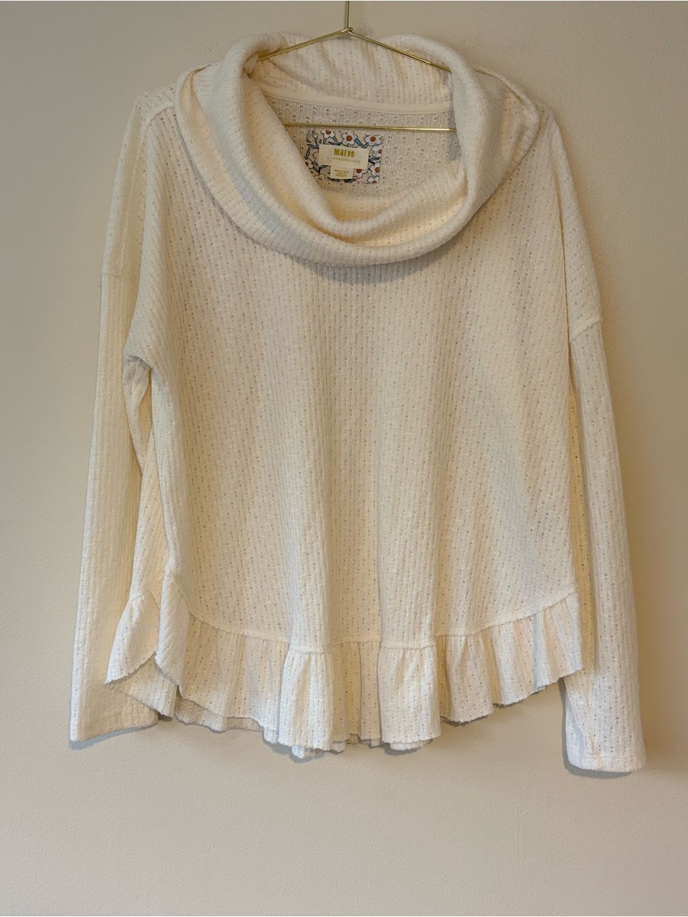 Maeve Anthropologie Ivory Cowl Neck Ruffle Hem Sweater Top Medium
